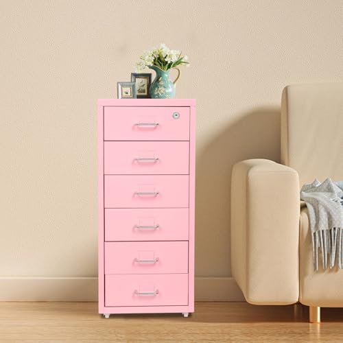 KWCWB 6 Drawer File Cabinet - Steel Metal Vertical File Cabinet with Lock, Moveable Filing for Home Office, Stores Letter, Legal, A4, F4, Jewelry & Crafts (Pink)