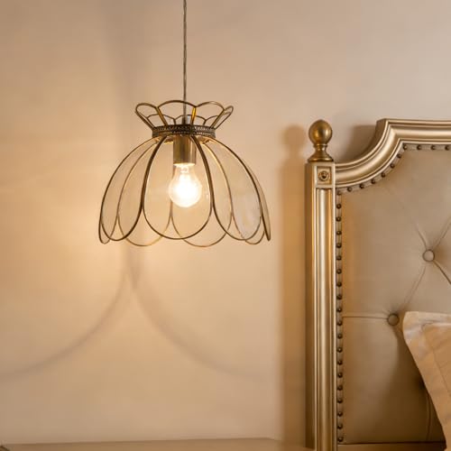 Image of Brass Glass Ceiling Pendant Light, Hanging Chain lamp, with Vintage Lotus Flower Glass Shade for Kitchen Island Dining Room Bedroom Living Room-12 Clear Large Shade