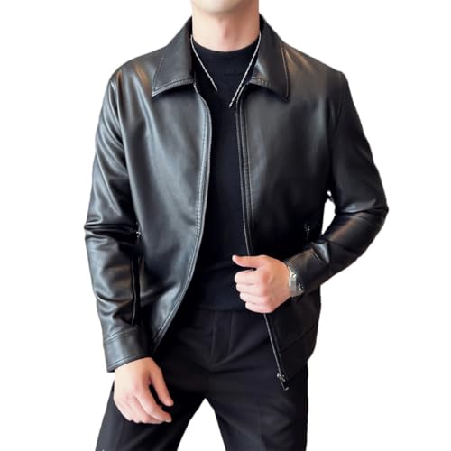 Motocycle PU Leather Jacket For Men Business Solid Turn-Down Collar