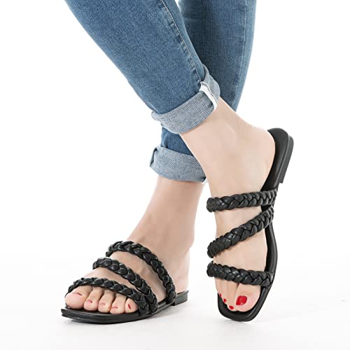 Image of Mtzyoa Women's Strappy Flat Sandals with Toe Ring | Lightweight Walking Slides | Summer Beach Wedding Shoes | Black | Casual Dressy Vacation