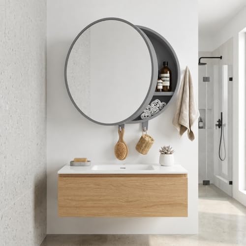Image of CIPLA PLAST Rich Look Bathroom Cabinet with Mirror | Storage Organiser | Strong Plastic Bathroom Shelves Wall Mounted | Bathroom Accessories| Mirror Cabinet (2, Metellic Grey, Round)