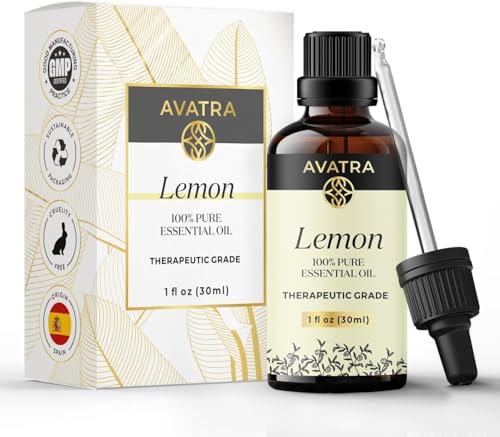 Avatra Lemon Essential Oil 30ML (1 fl OZ) with Glass Dropper, Pure and Natural lemon Oil for Diffuser, Aromatherapy, Massage, and DIY Candle Products