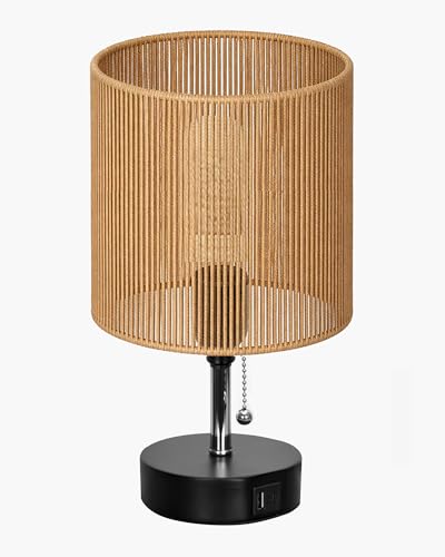 Image of Homesake Bedside Lamp for Bedroom Nightstand Table Light with USB A | C Charging Port, Desk Lamp, Pull Chain Light, Side Table Desk Reading Lamp, Living Room Gift, (Raffia Cane)