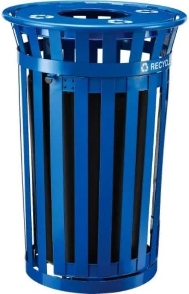 Global Industrial B3178689 Outdoor Steel Slat Recycling Trash Can - Access Door & Flat Lid - 36 gal - Blue