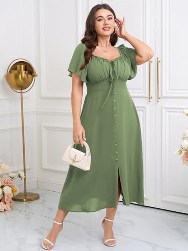Womens Plus Size Dress Square Neck Smocked Button Down Tie Front Split A-Line Maxi Long Dresses3