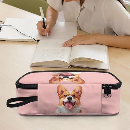 Image of Cute Corgi Girls Pencil Case Large Capacity,Pink Pencil Pouch for Kids Adorable Pencil Bag for Preschool Children Multifunction Pencil Container with Pen Slot for Back to School Gifts