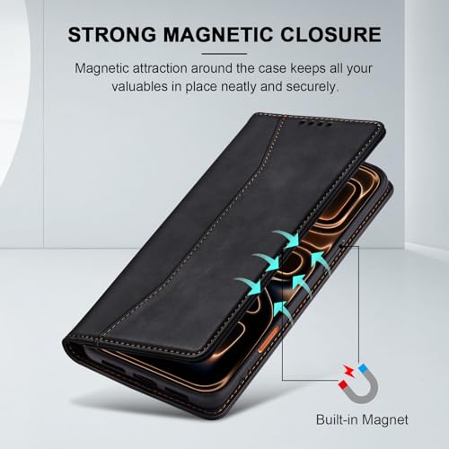 Image of Jasonyu Flip Wallet Case for iPhone 17 Pro Max,Leather Magnetic Folio Cover with Card Holder,Kickstand - TPU Shockproof Durable Protective Phone Case,Black