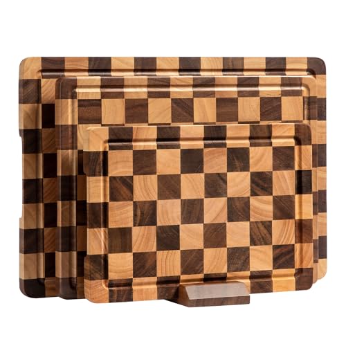 FYCTIO Cutting Board Set, Acacia Wood Checkered Cutting Boards for Kitchen, 3 pcs Chopping Board with Juice Grooves & Handles, Butcher Block Serving Tray for Meat, Vegetables and Fruits with Gift Box