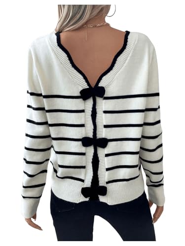 GORGLITTER Women's Striped Bow Sweater Backless V Neck Long Sleeve Pullover