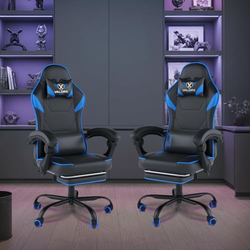 Image of ValorX USA Striker 2026 Edition | Ergonomic Gaming & Office Computer Chair | Premium PU Leather | Dual Massager Back Support | Adjustable Neck & Lumbar Pillow | Ergo Sync Armrests | Footrest (Blue)