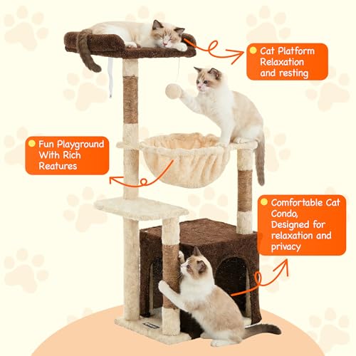 Cat Tree for Indoor Cats, 39.8-inch Cat Tower with 2 Plush Perches for Play & Rest, 1 Cozy Hideaway, Dangling Toy & Full Sisal Scratching Posts for Indoor Cats, Brown - Image 5