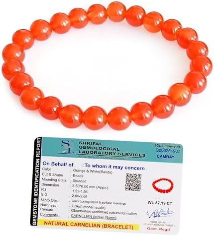 SOLAVA Original Carnelian Bracelet with Lab Certificate for Unisex Adult Natural Energized Orange Bracelet for Boosting Self-esteem, Creativity, Motivation, Good Health, and Chakra Healing - 8MM Beads