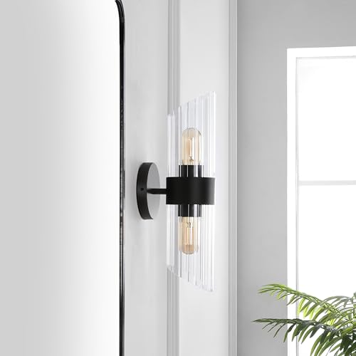 Image of SAFAVIEH Lighting Collection Eytan Clear Glass /Black Vertical Wall Sconce Set of 2 Light Fixture, Ideal for Bathroom, Entryway, Vanity, Foyer, Hallway, Living Room (LED Bulbs Included)