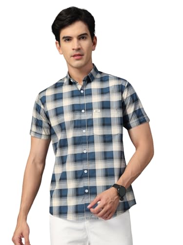 Image of Majestic Man Men's Slim Fit Premium Pure Cotton Plaid Check Half Sleeve Casual Shirt