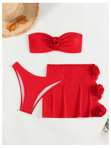 SweatyRocks Women's 3 Piece Bathing Suit Floral Design Strapless High Cut Bikini with Cover Up Skirts Swimsuit3