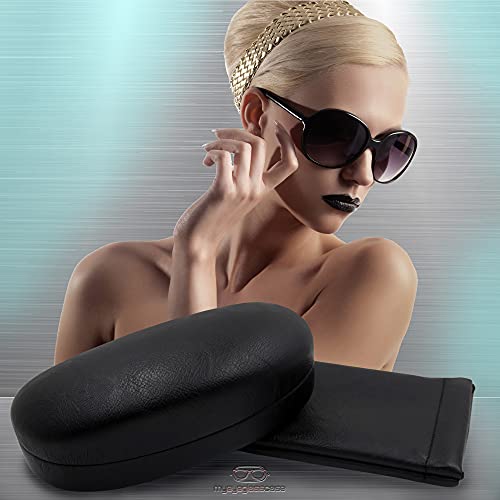 Image of MyEyeglassCase Combo Sunglasses Case & Soft Glasses Pouch in Black Distressed Faux Leather - Medium to Large Dorable Clash Shell with Microfiber pouch and Cloth (AS113 Combo Black)