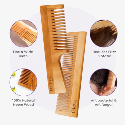 Image of Gleva Natural Neem Wood Comb Set | Anti-Frizz, Hair Fall & Dandruff Control, Scalp Massage, Gentle Detangling Natural Wooden Hair Combs for Hair Growth & Scalp Care for Men & Women (Pack of 4)