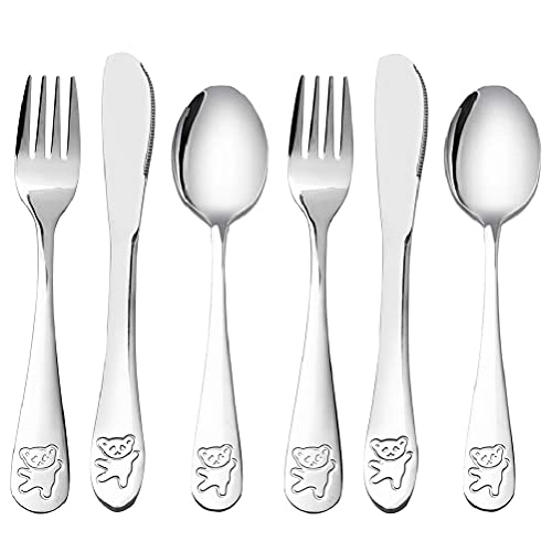 6 Pieces Kids Silverware SetChildrens Safe Flatware Little Bear Kids Cutlery Set Stainless Steel Metal Toddler Utensils2 x Children Safe Forks 2 x Safe Knife 2 x Tablespoons