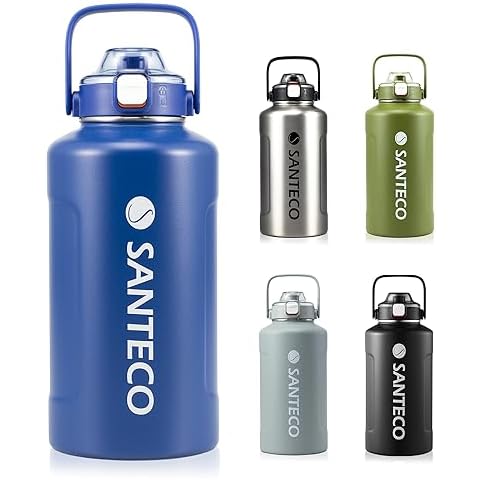 SANTECO 64OZ Vacuum Insulated Half Gallon Water Bottle - Keep Hot Cold Vacuum Flasks with Straw & 2-IN-1 Spout Lids & Handle 1.9L Stainless Steel Water Jug for Sport Camping Cover