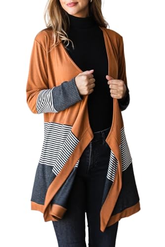 Women's Orange Colorblock Striped Patchwork Open Cardigan