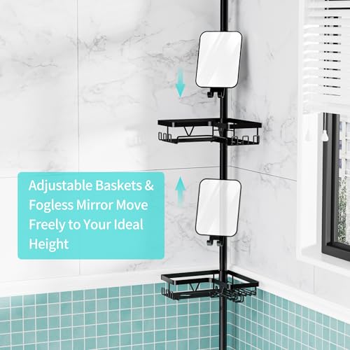 Image of KEGII Shower Caddy Tension Pole - Adjustable Rustproof Corner Bathroom Organizer with Fogless Shower Mirror, 25-114.2 Inch No-Drill Bathroom Storage, Black