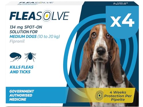 Dog flea freatment medium dog x 4 - Flea treatment for dogs of 10-20 kg - Spot-On solution for flea and tick control - FleaSolve 4 x Pipettes, 4 x Doses