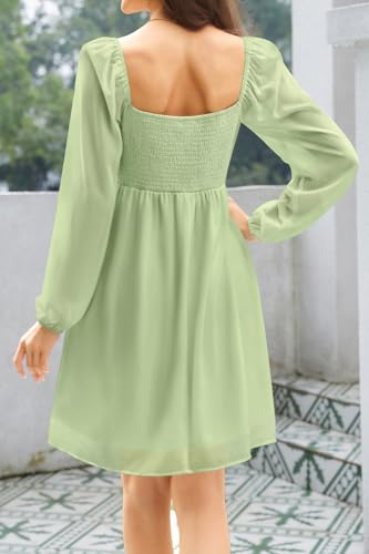 Image of Pinup Fashion Women Graduation Dress Sage Green Puff Long Sleeve Homecoming Engagement Sweetheart Neckline Short Chiffon A Line Dress, Small