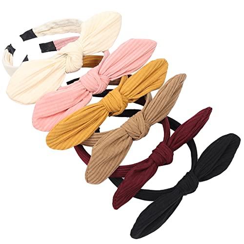 Manshui 6 Pcs Bow Knot Headbands for Women, Adjustable Rabbit Ear Headbands, Wired Bow Headbands for Girls, Striped Bow Headbands Hair Accessories (Knitted Stripes 6)