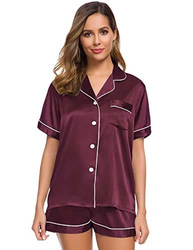 Image of SWOMOG Womens Silk Satin Pajamas Set Short Sleeve Sleepwear Button Down Top and Shorts Loungewear 2 Piece Pjs Set XS-3XL