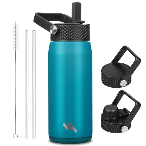 Image of Konokyo 20oz Insulated Stainless Steel Water Bottle with 3 Lids, Leakproof BPA-Free Bottle with Straw Lid, Sip Lid and Flex Cap for Gym, Travel, School, Office, Lake Blue
