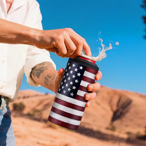 Image of 3 in 1 Slim Can Cooler for 12 OZ Skinny Can, Regular Can & Beer Bottle - Keep Cold for 6 Hours - Double Walled Insulated Stainless Steel Vacuum Beverage Insulator (US Flag)