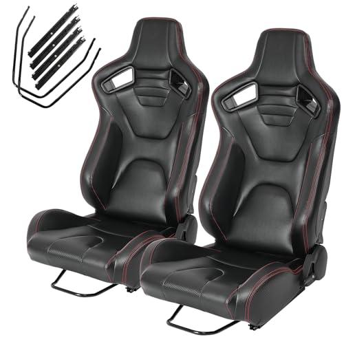 2PCS Universal Automotive Racing Seats with PVC Leather Reclinable Racing Bucket Seats with Dual Sliders