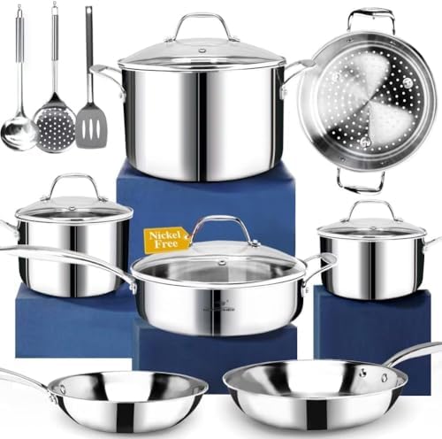 HOMICHEF 14-Piece Nickel Free Stainless Steel Cookware Set Whole-...