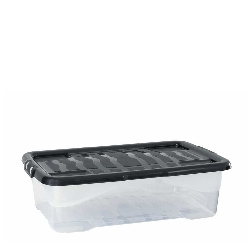 TFBF 30L Plastic Storage Clear Box or Underbed box with Lid Strong Stackable Container Made In U.K. - Set of 4 (30L)