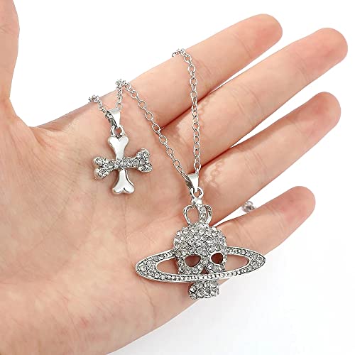 Kurtcb Gothic Rhinestone Saturn Necklace Anime Nana Planet Pendant Zirconia Cross Skull Punk Cool Layered Necklace For Women Girls Christmas Gift #TOP4
