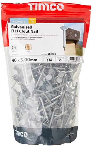 TIMCO Galvanized ELH Clout Nails - 40 x 3.00 - Extra Clamping - Perfect for Fitting Roofing Felt and plasterboard - 1kg Bag - Silver