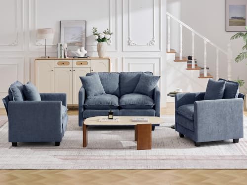 Image of Cloud 3 Pieces Sofa Set, 1+1+2 Seater Couch, Modern Sofas Sets with Deep Seat, Modular Sectional Couches Sets for Living Room, Bedroom, Small Apartment, Blue