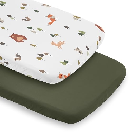 Image of Sweet Jojo Designs 2-Piece Baby Bassinet Sheets Set (Woodland Animals) for Girls & Boys, Infant Nursery, Toddler Room - Oval Rectangle Hourglass Mattress (Solid Green & Watercolor, Forest Friend, Fox)
