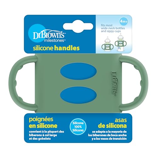 Image of Dr. Brown's Wide-Neck Baby Bottle Handles, 100% Silicone, Easy Grip Removable Handles for Bottle to Sippy Cup Transition, Green, 4m+