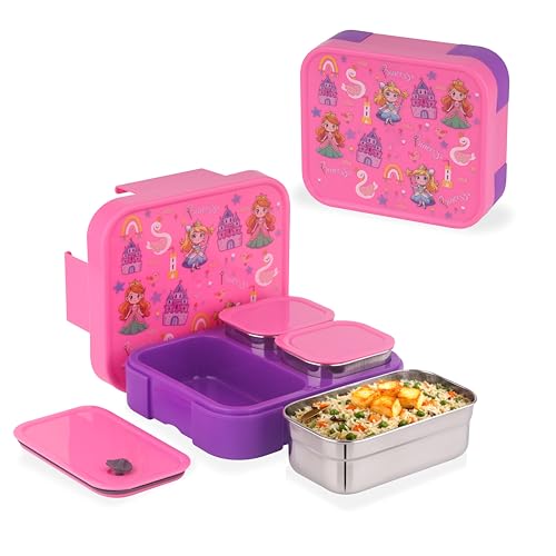 Image of ATTRO Admire Deluxe 3 Compartment Stainless Steel Lunch Box, BPA-Free Inner Steel, Lightweight & Durable, Easy Carry Tiffin for Kids,School & Travel-Princess Print Pink-800ml