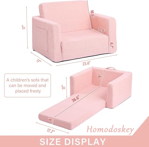 كنبة أطفال هومودوسكي، كنبة أطفال 2 في 1، أريكة أطفال قابلة للتحويل إلى سرير استرخاء، أريكة قابلة للطي للأطفال الصغار، سرير أريكة للأطفال الأولاد والبنات مع مساند للذراعين (لون زهري)