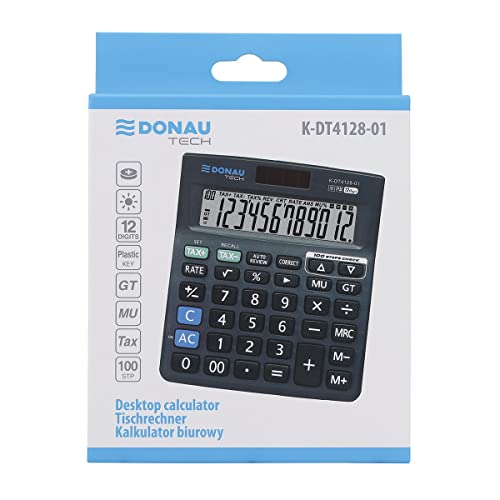 DONAU TECH Tischrechner / 12-Stellig Wurzelfunktion/ 14 x 12,2 x 2,2 cm/Schwarz/Rechner mit 12-stelliger Anzeige/Dual-Power Solar - Batteriebetrieb/Kompaktes Design