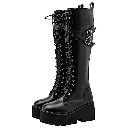 Image of Parisuit Women's Knee High Goth Platform Boots Lace Up Combat Boots | Chunky High Heel, Buckle Boots, Punk Chain Boots