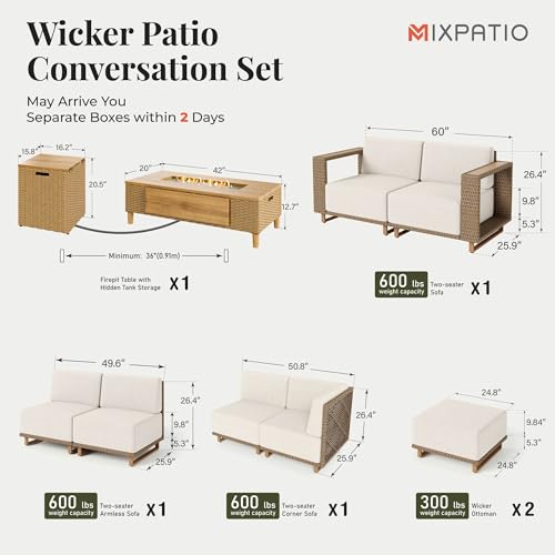 Image of MIXPATIO Patio Sectional Furniture with Fire Pit, 9 Pieces Outdoor Wicker Sofa Set, Yellow Rattan Modular Conversation Sets with 10 inch Thick Cushions, L Shape Low Profile Lawn Deck Garden Furniture