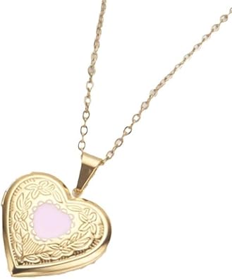 Locket Picture Pendant Heart Necklace,Retro Carved Flower Relief Pattern Oval Center Necklace Souvenir Memorial Clavicle Jewelry for Women
