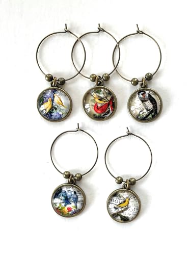 Bird Wine Glass Charms Set of 5 - Stem Markers for Beverages - Cardinal, Bluebird, Owl, Canary