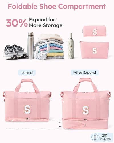 Gifts for Granddaughter, Initial Personalized Travel Duffle with Shoe Compartment, Monogram Travel Duffel with Makeup Pouches, Girls Dance Bag, Kids Weekender Overnight Bag, Pink, Letter S2