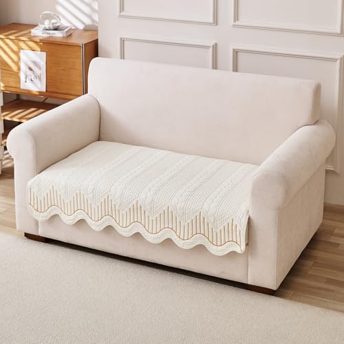 HOKIPO 'Cotton Reverie' Sofa Cover Mat | 100% Cotton Quilted Anti-Slip Mat for 2 Seater Sofa | Soft Wavy Design, Golden Cream Bloom (AR-6177-OR)