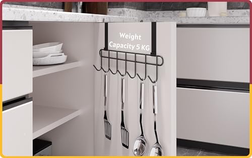 Image of Amiraj Multi-Alloy Steel Over-The-Door Hook Hanger Rack | No Drilling Required, 7 Hooks for Bedroom, Bathroom & Kitchen Doors | Hanging Organizer, Black (Pack of 1)