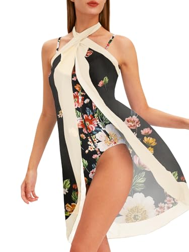 Women's One Piece Swimsuit with Beach Cover Up Retro Floral Print Bathing Suits with Coverup Set Sarong Wrap Swim Suit 1 Piece Swimwear Set with Matching Skirt Black Floral X-Large4